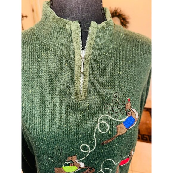 Christopher & Banks Wool Reindeer Zip Christmas Holiday Ugly Sweater XL Green - Picture 8 of 12